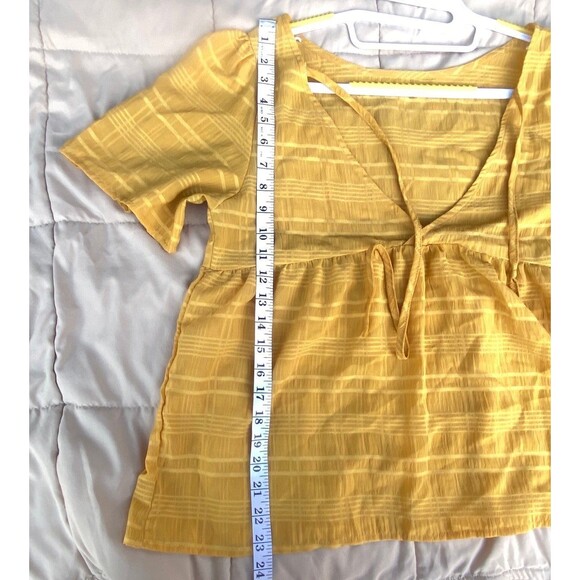 Yellow babydoll v-neck ties top cotton blend size M boho gypsy summer Size M - Picture 7 of 9